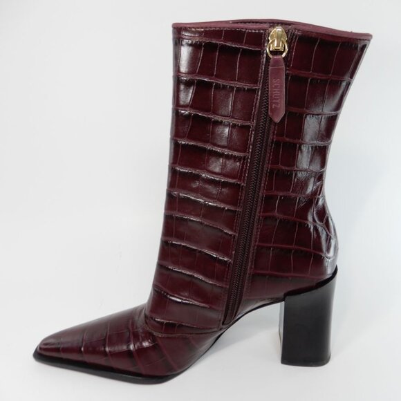 SCHUTZ Raffaela Booties Boots Heels Size 5 Merlot Wine Burgundy Croc Leather NEW - Picture 9 of 15
